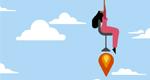 An animated image of a woman sitting on an office chair that blasts off like a rocket