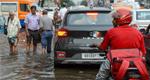 Photo of a flooded city street with cars, a motorcycle, and people on foot in the water