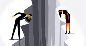 Illustration of a man and a woman in business attire peering into a chasm from opposite sides