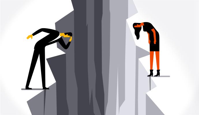 Illustration of a man and a woman in business attire peering into a chasm from opposite sides