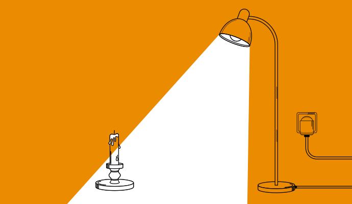 Illustration of a floor lamp’s beam of light shining down on a candle
