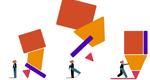 CEO faces a pile of shapes, she then kicks them up into the air—they land in the shape of a pencil, which she pushes to trigger a line being drawn across the screen