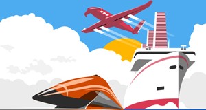 Illustration of a ship, a high-speed train, and an airplane all emerging from the same point in the image
