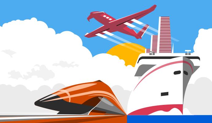 Illustration of a ship, a high-speed train, and an airplane all emerging from the same point in the image Illustration of a ship, a high-speed train, and an airplane all emerging from the same point in the image