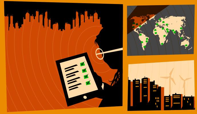 An illustration containing three panels: a person in glasses looking at a checklist on a tablet; a world map with several locations marked with green squares; and a wind turbine against a skyline  An illustration containing three panels: a person in glasses looking at a checklist on a tablet; a world map with several locations marked with green squares; and a wind turbine against a skyline