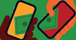 An illustration of two hands holding smartphones against a green background, with a piece of paper money split in half across the two smartphone screens