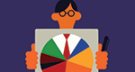 An illustration of a man holding a pie chart in front of himself; his shirt and tie form one wedge of the pie
