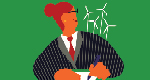 An illustration of a smiling woman in a black pinstriped suit against a green background. Her head is turned to the side, and she's looking at a group of four small wind turbines that appear over her shoulder