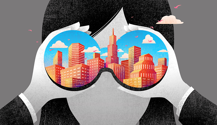 A black-and-white illustration of a woman looking through binoculars. The view reflected in them is of a colorful city with a bright-blue sky